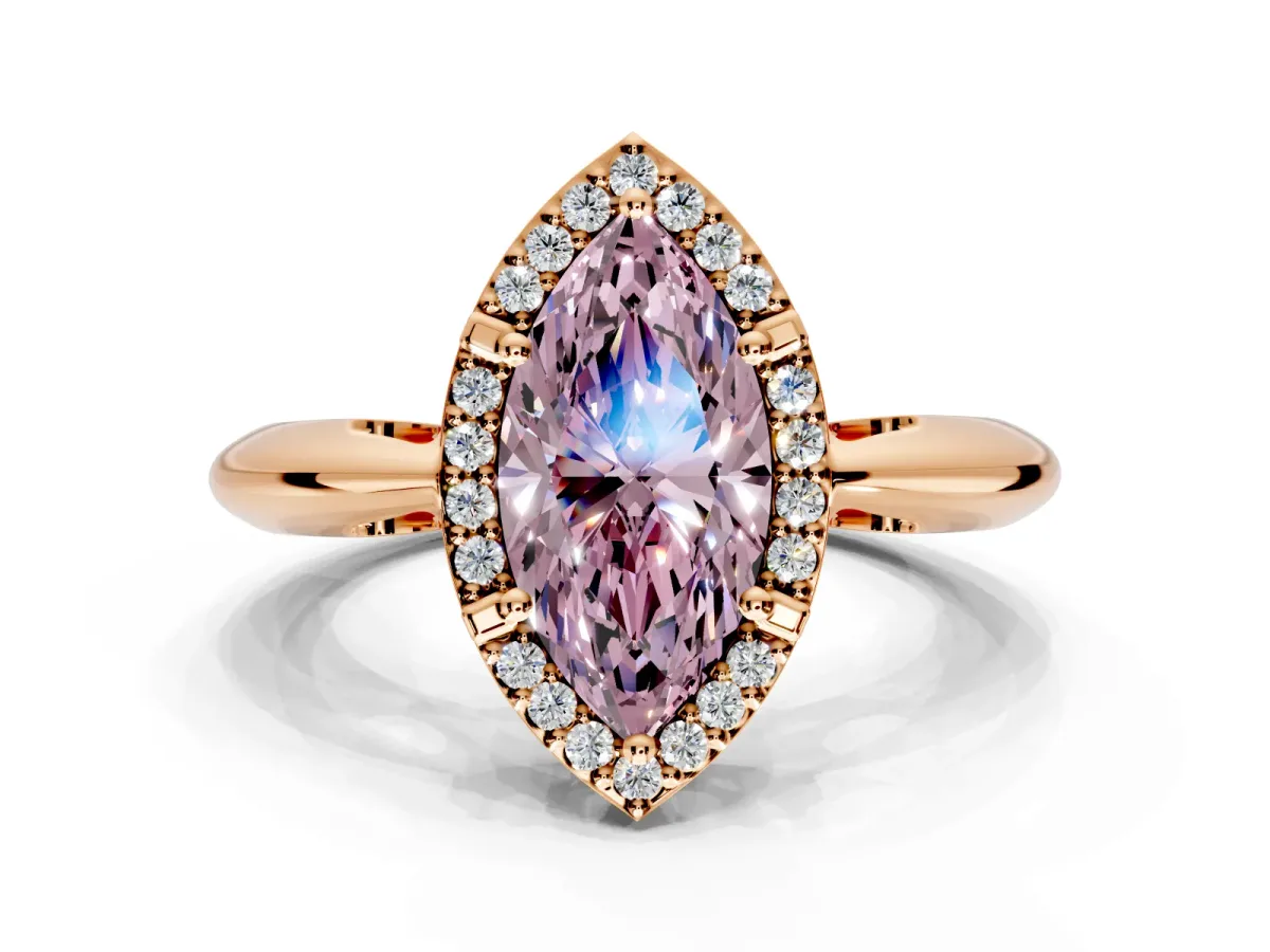 Halo Engagement Ring Setting for Fancy Pink Marquise Center with Tapered Plain Band and Prong Head in Rose Gold