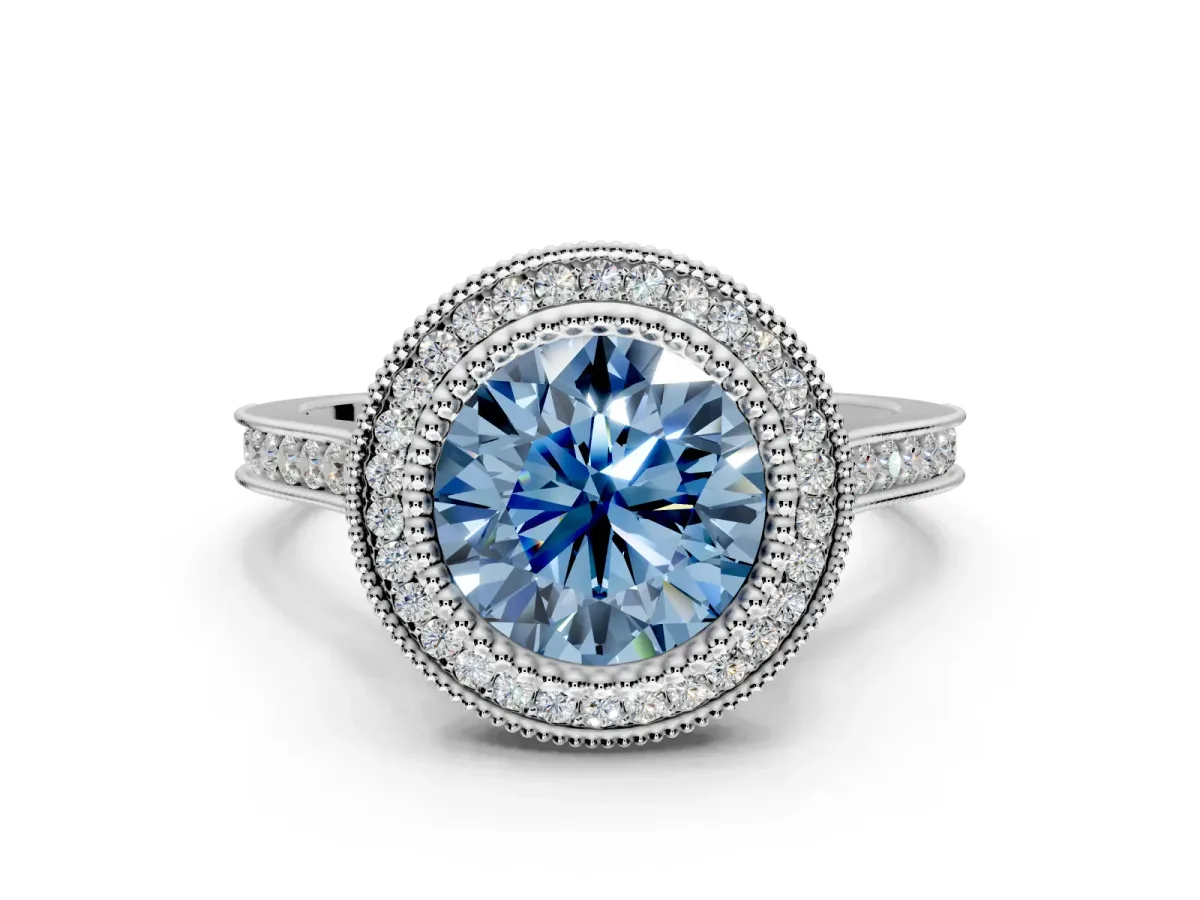 Halo Engagement Ring Setting for Fancy Blue Round Cut Center with Milgrain Frame, Pave Band and Prong Head in White Gold