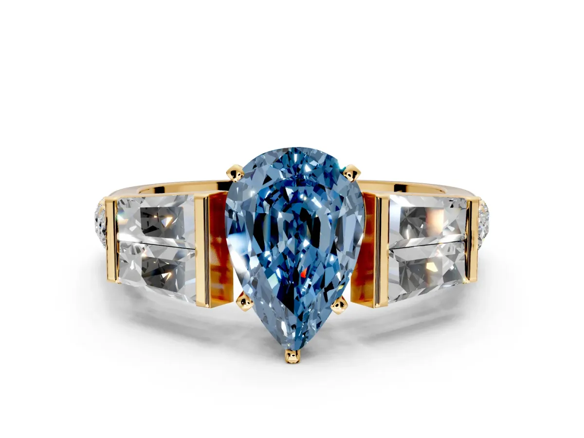Channel-Set Engagement Ring Setting for Fancy Blue Pear-Shaped Center with Baguette Band and Prong Head in Yellow Gold