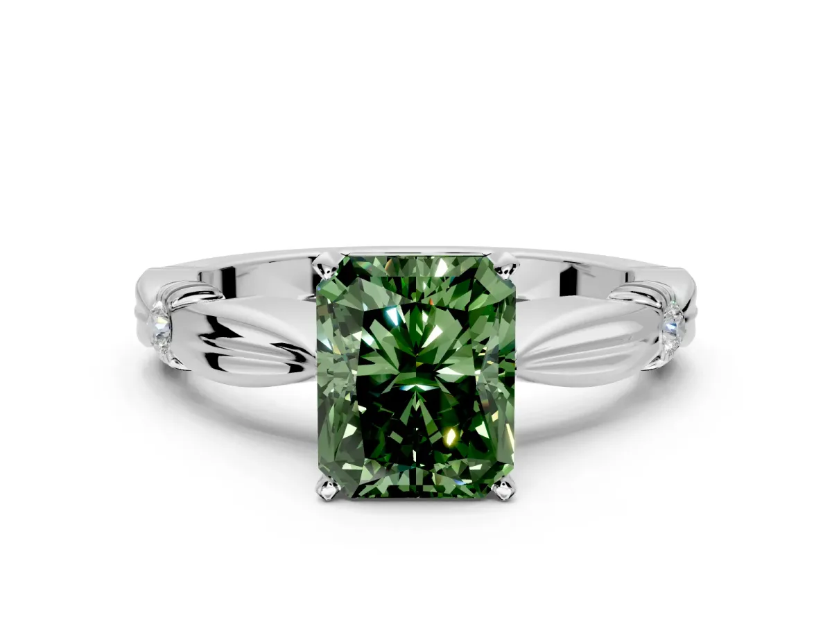 Solitaire Engagement Ring Setting for Fancy Green Radiant Cut Center with Carved Leaf Shoulders and Prong Head in Sterling Silver