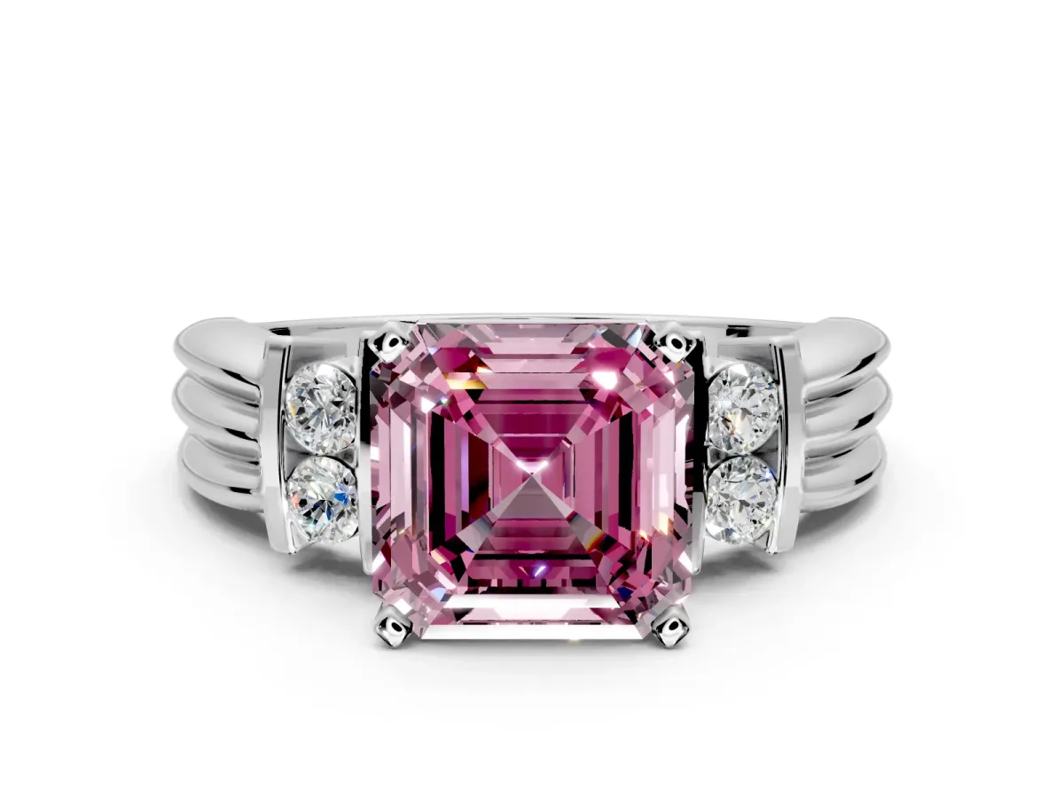 Solitaire Engagement Ring Setting for Fancy Pink Asscher Cut Center with Grooved Bar Accent Band and Prong Head in White Gold