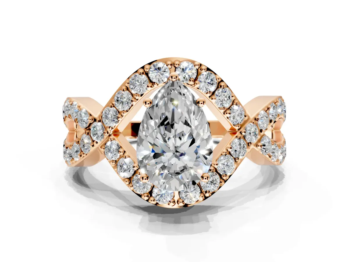 Halo Engagement Ring Setting for Pear-Shaped Center with Pave Infinity Twist Band and Prong Head in Rose Gold