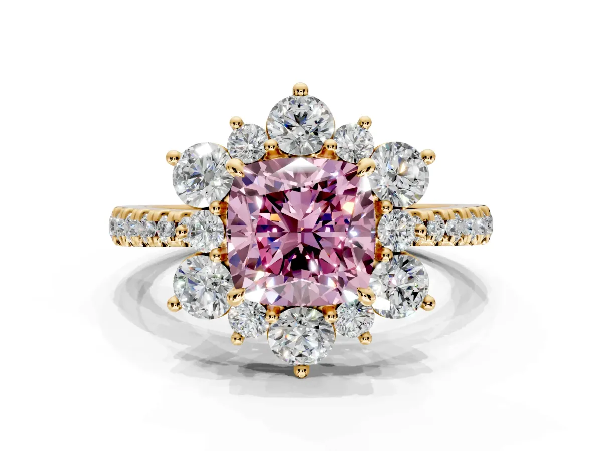 Floral Halo Engagement Ring Setting for Fancy Pink Cushion Cut Center with Pave Accents and Prong Head in Yellow Gold