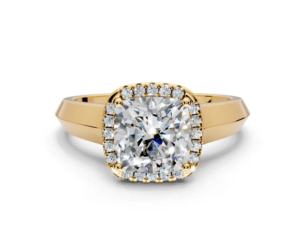 Halo Engagement Ring Setting for Cushion Cut Center with Knife Ridge Cathedral Band and Prong Head in Yellow Gold