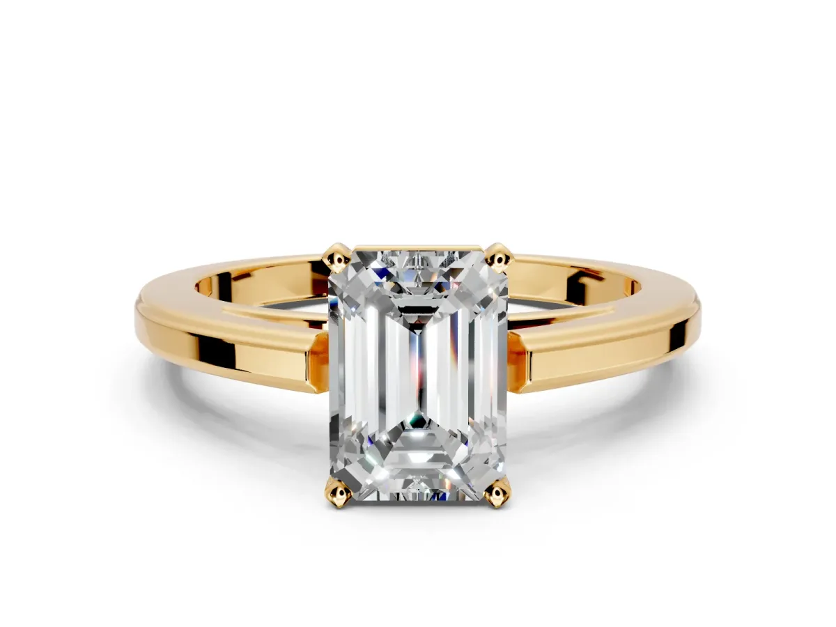 Solitaire Engagement Ring Setting for Emerald Cut Center with Flat-Sided Plain Band and Prong Head in Yellow Gold