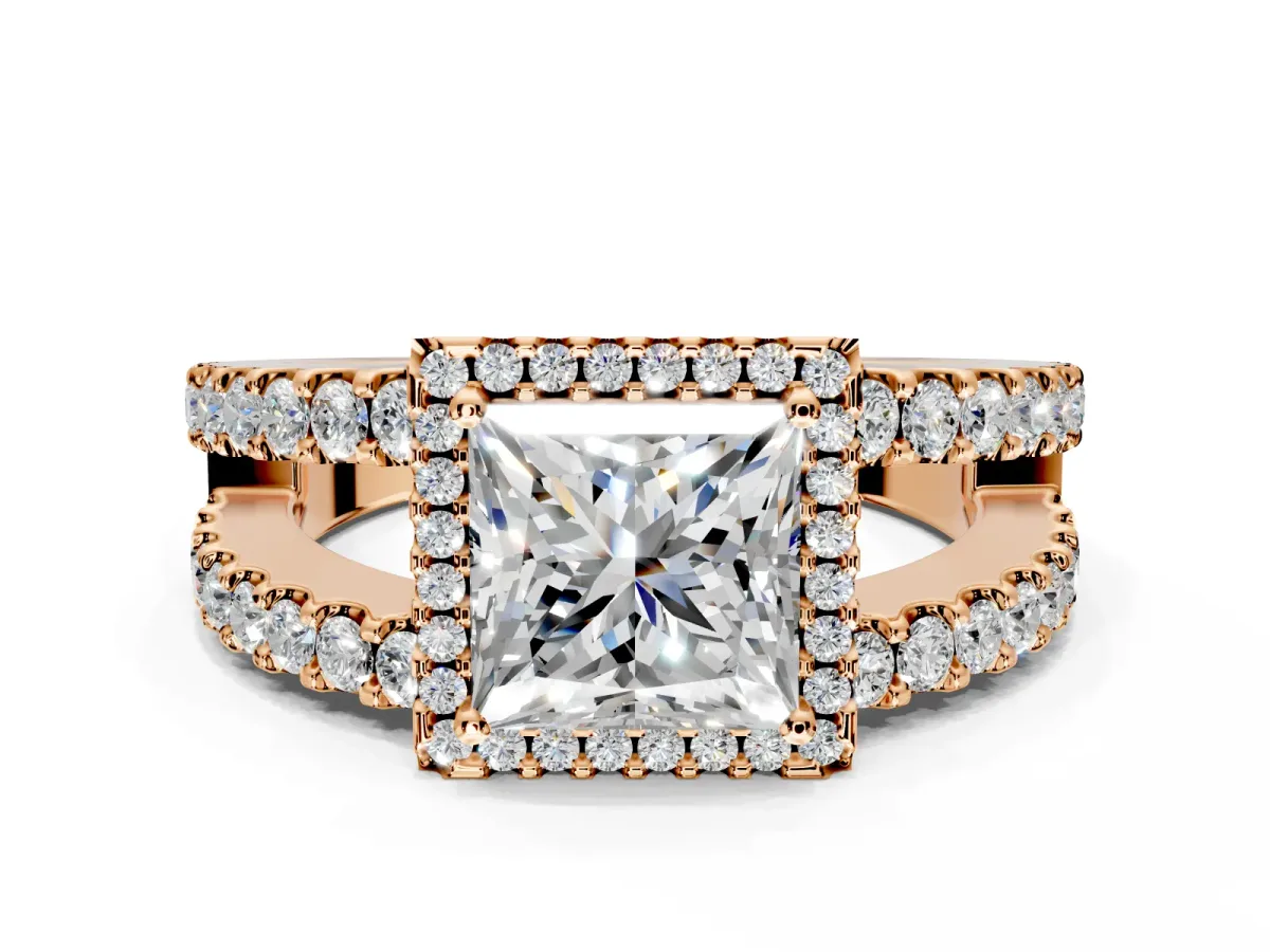 Halo Engagement Ring Setting for Princess Cut Center with Wide-Open Pave Split Shank and Prong Head in Rose Gold