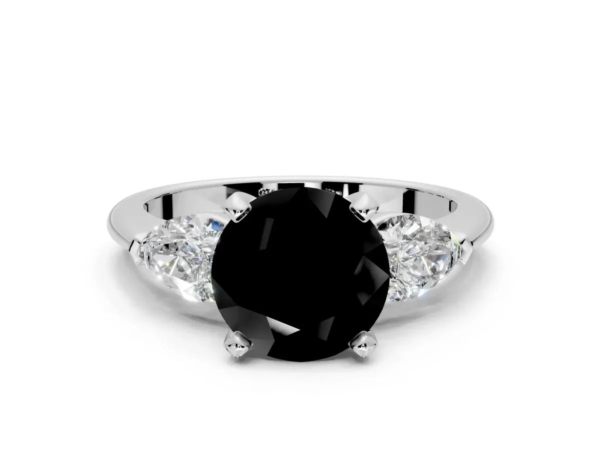 3 Stone Engagement Ring Setting for Fancy Black Round Cut Center with Large Pear-Shaped Accents and Prong Head in Platinum