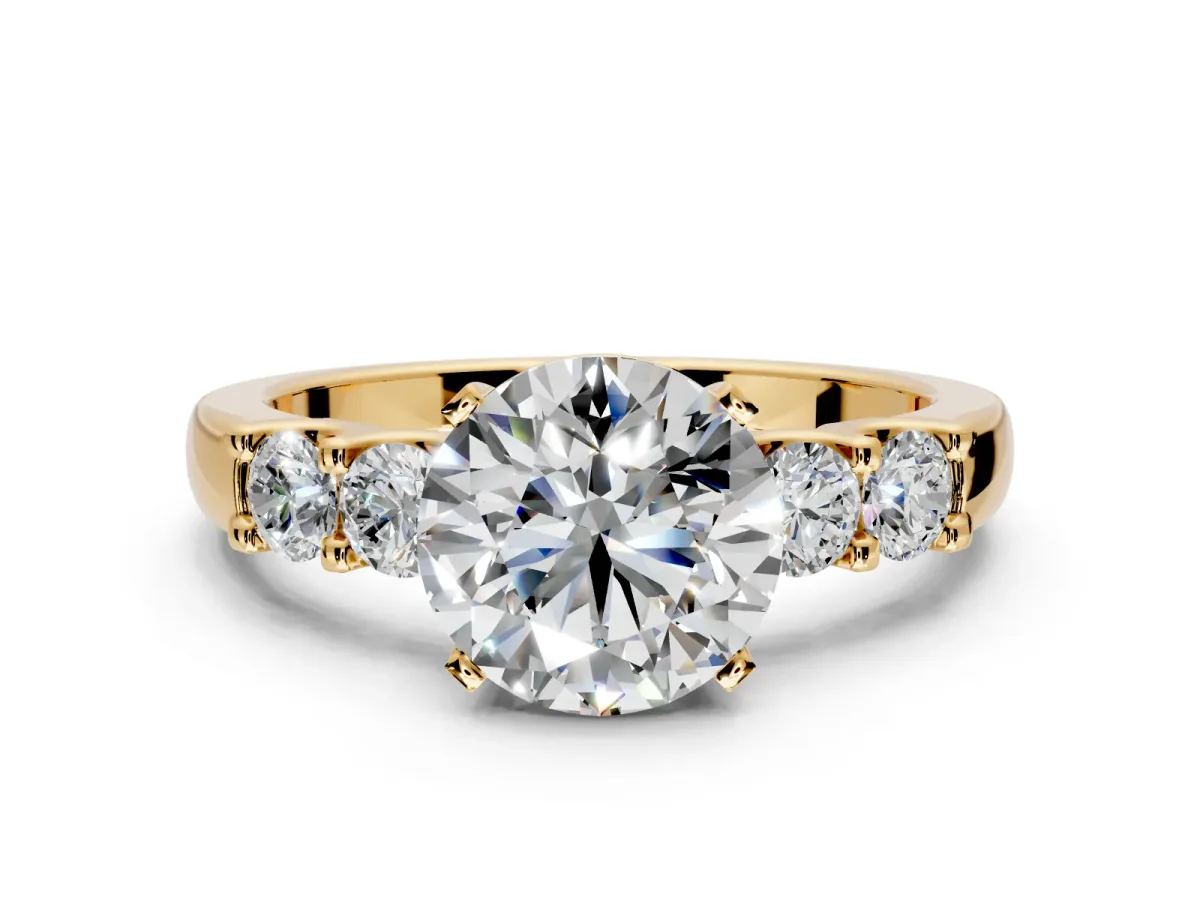 5 Stone Engagement Ring Setting for Round Cut Center with Plain Band and Prong Head in Yellow Gold