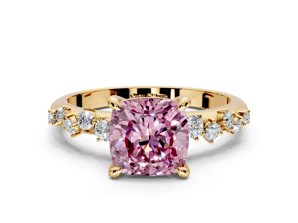 Solitaire Engagement Ring Setting for Fancy Pink Cushion Cut Center with Trailing Leaf Accent Band and Prong Head in Yellow Gold