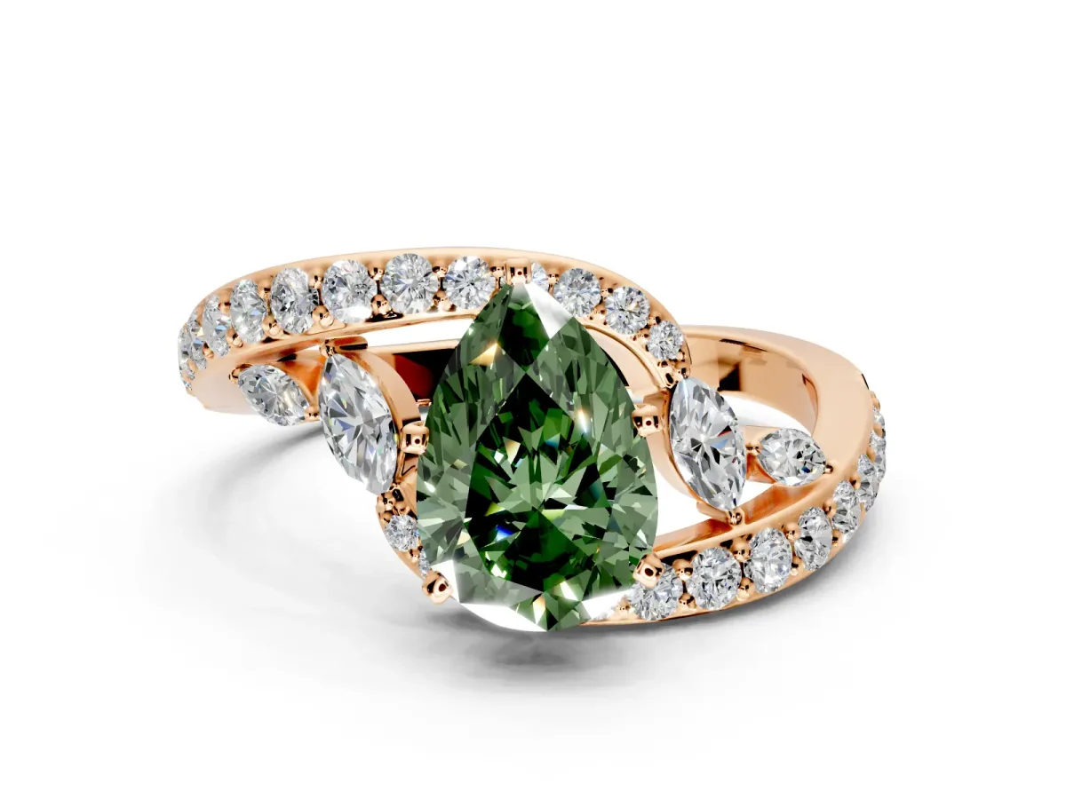 Solitaire Engagement Ring Setting for Fancy Green Pear-Shaped Center with Pave Bypass Twist Band and Prong Head in Rose Gold