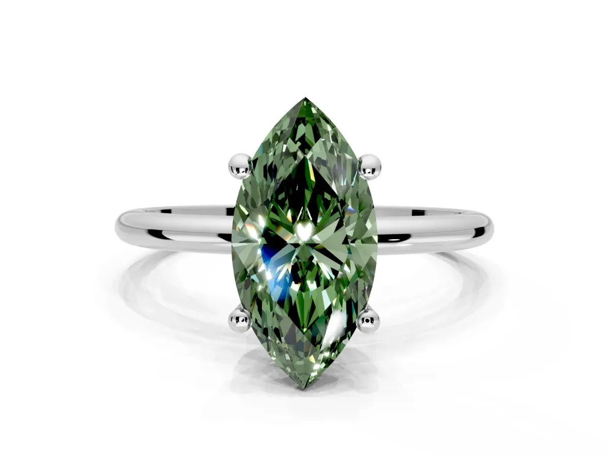 Minimalist Solitaire Engagement Ring Setting for Fancy Green Marquise Center with Thin Band and Prong Head in White Gold
