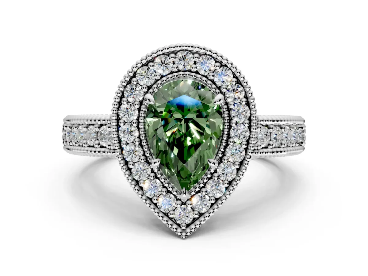 Milgrain Halo Engagement Ring Setting for Fancy Green Pear-Shaped Center with Pave Band and Prong Head in Platinum
