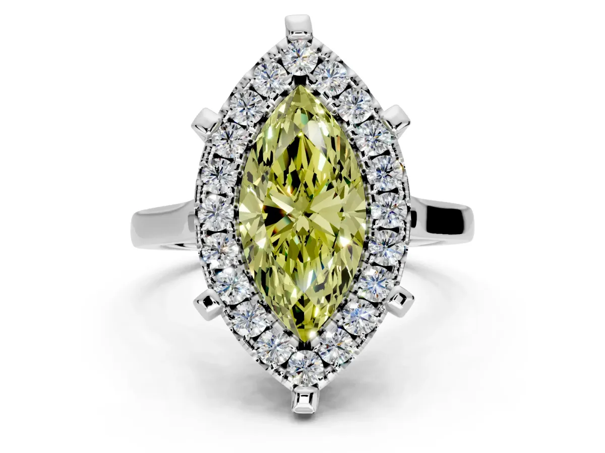 Single Halo Engagement Ring Setting for Fancy Yellow Marquise Center with Corner Claws, Plain Band and Prong Head in Sterling Silver