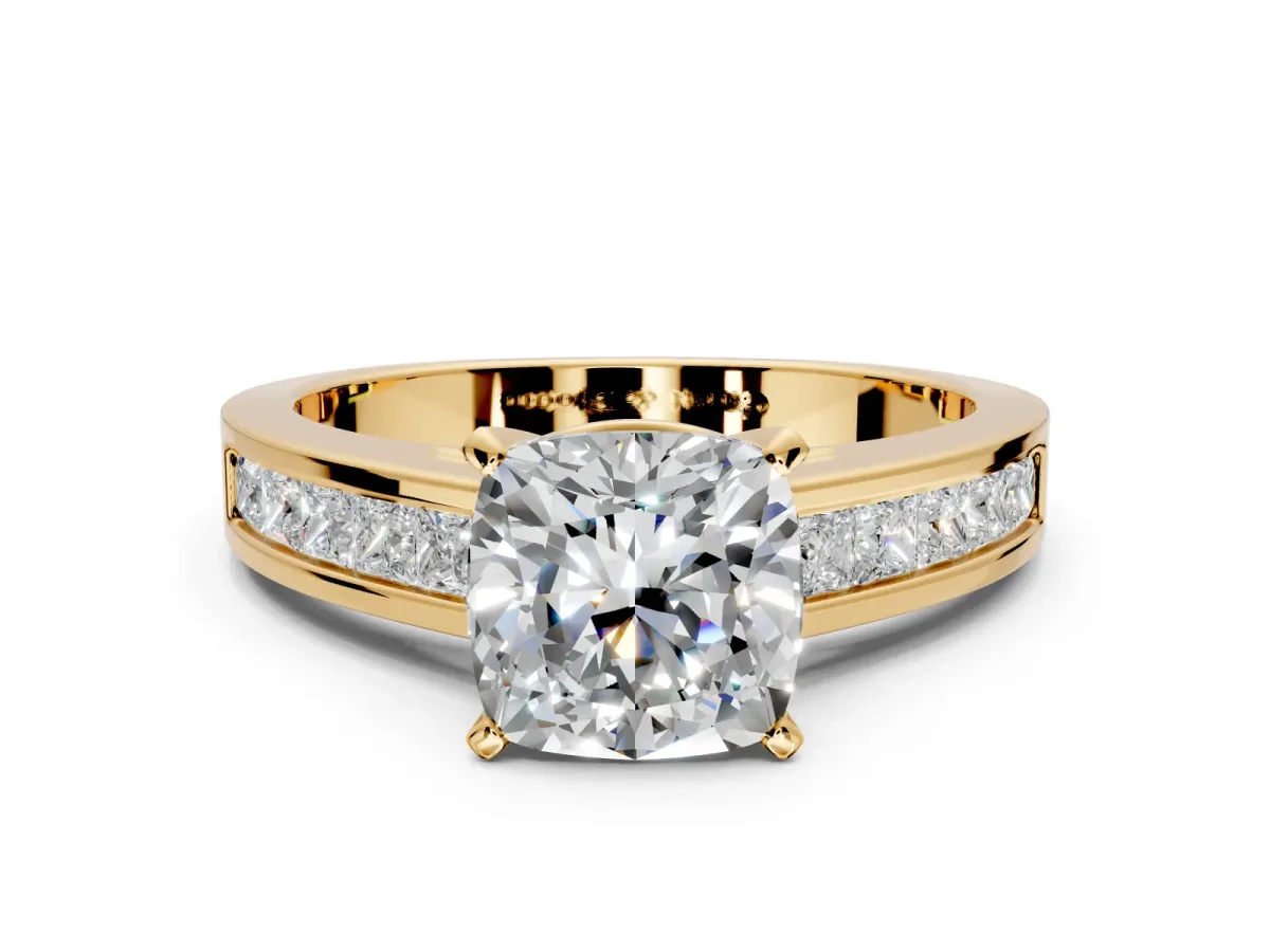 Solitaire Engagement Ring Setting for Cushion Cut Center with Princess Cut Channel Band and Prong Head in Yellow Gold
