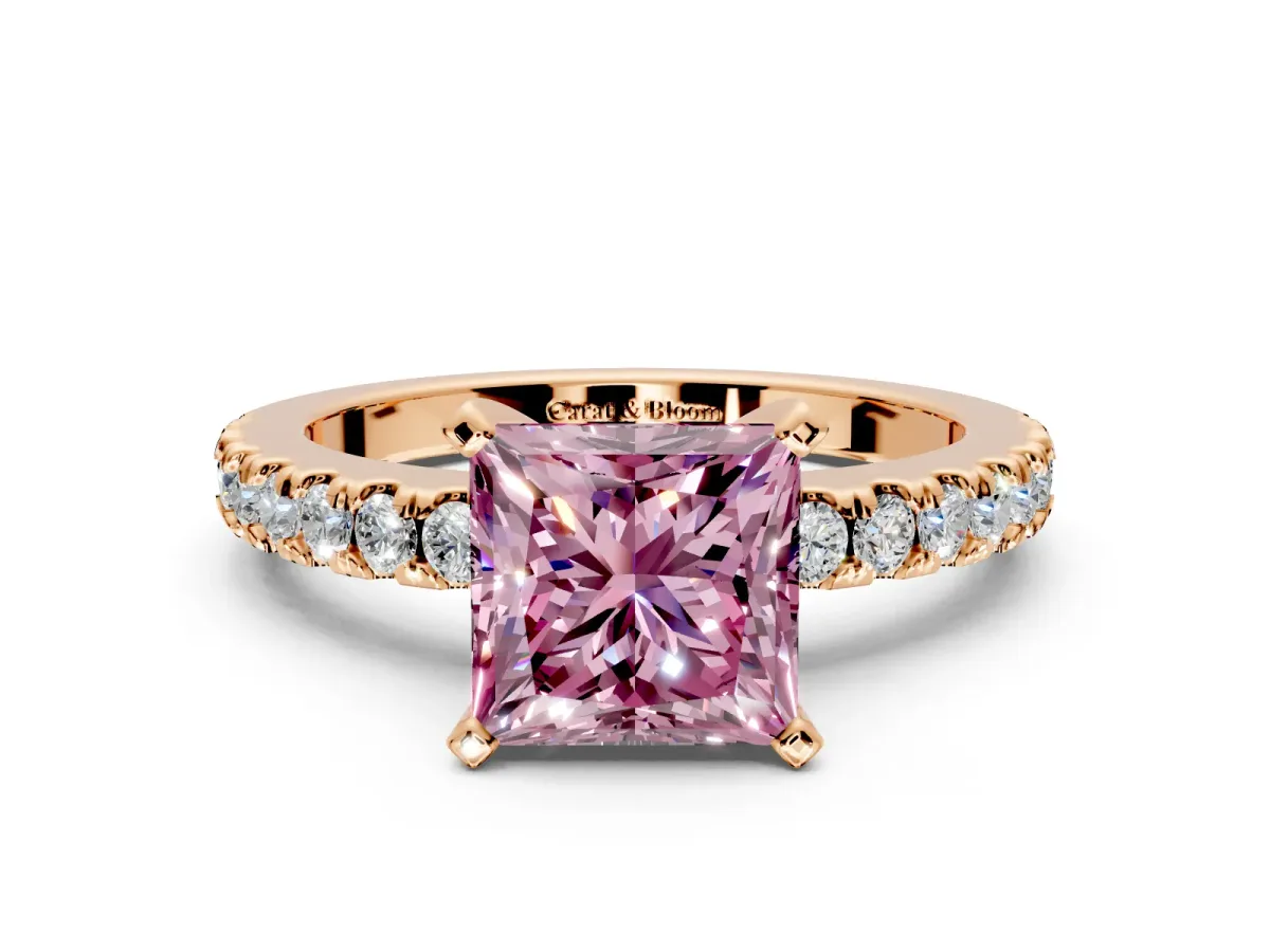 Solitaire Engagement Ring Setting for Fancy Pink Princess Cut Center with Single Row Accent Band and Prong Head in Rose Gold