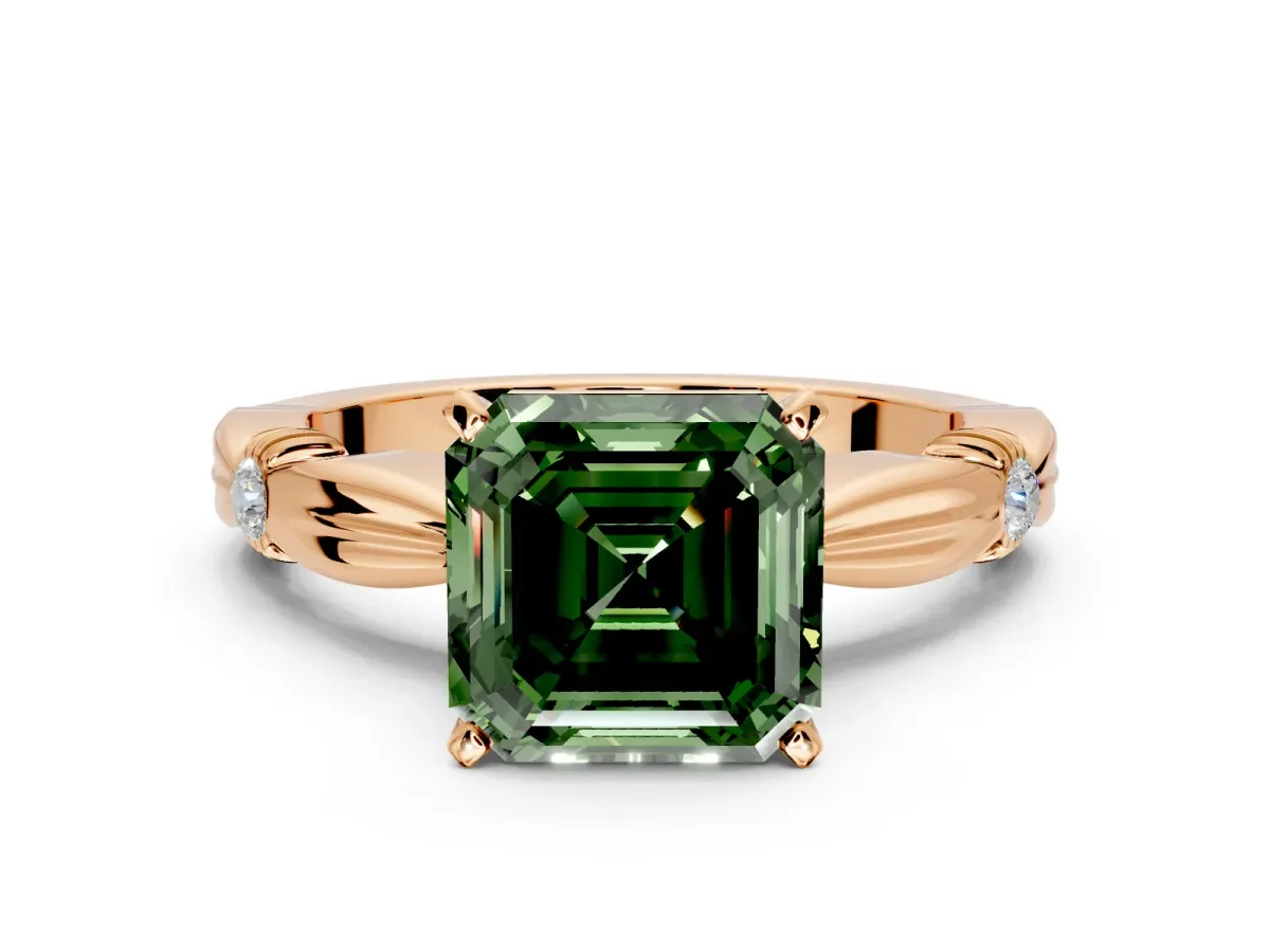 Solitaire Engagement Ring Setting for Fancy Green Asscher Cut Center with Carved Leaf Shoulders and Prong Head in Rose Gold