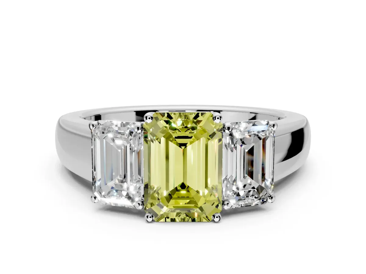 3 Stone Engagement Ring Setting for Fancy Yellow Emerald Cut Center with Raised Basket Heads and Prong Head in Platinum