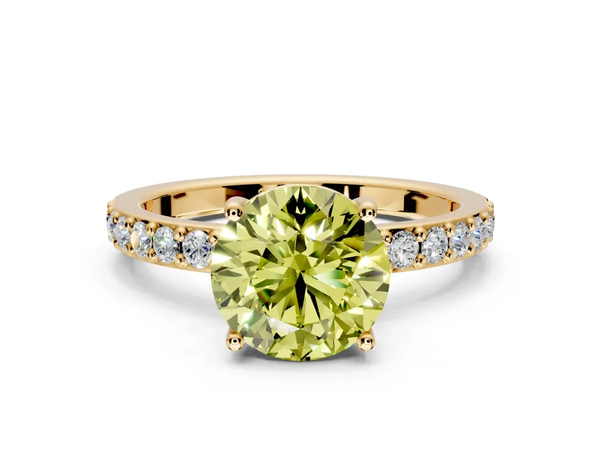 Solitaire Engagement Ring Setting for Fancy Yellow Round Cut Center with Round Cut Pave Band and Prong Head in Yellow Gold