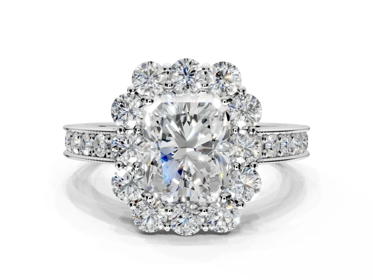 Halo Engagement Ring Setting for Radiant Cut Center with Milgrain Channel Band and Prong Head in Platinum