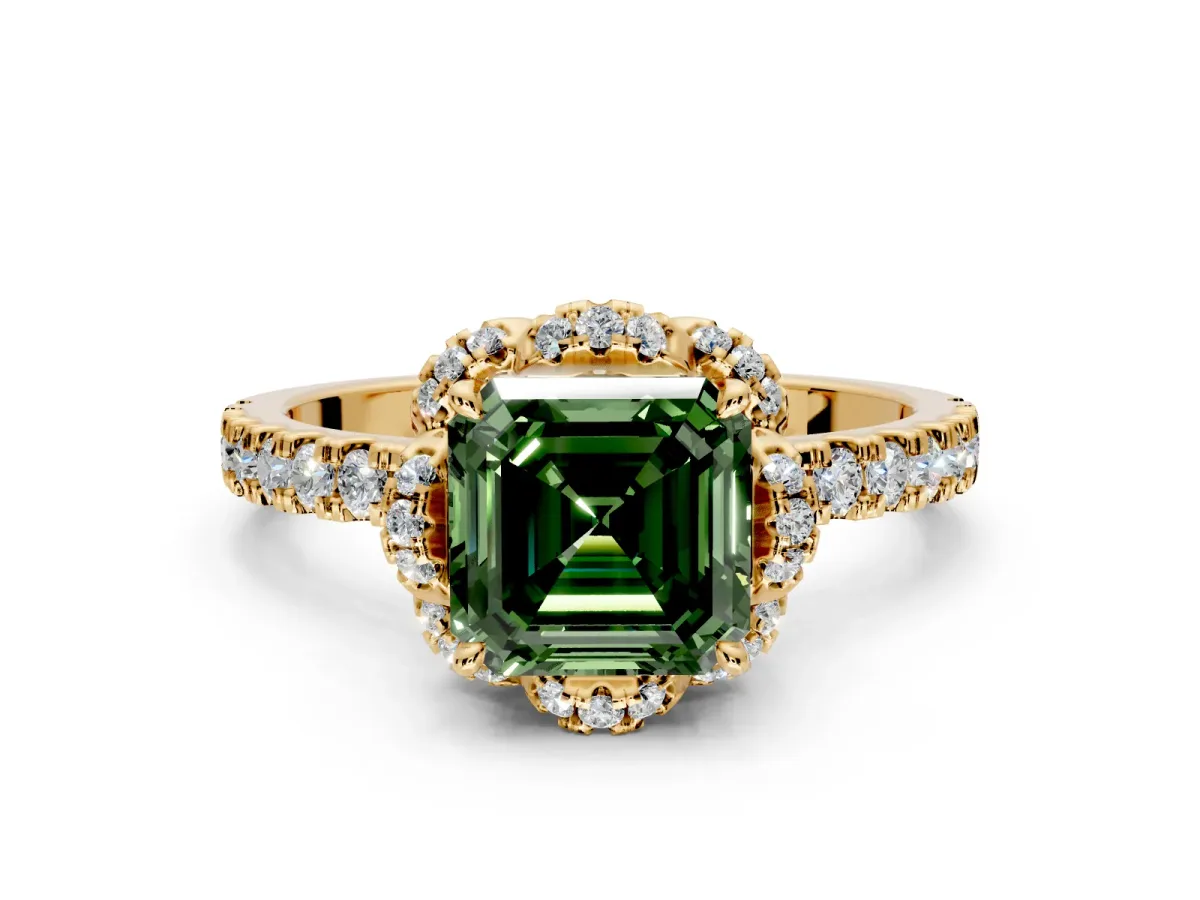 Floral Halo Engagement Ring Setting for Fancy Green Asscher Cut Center with Pave Band and Prong Head in Yellow Gold