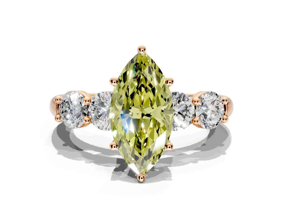 5 Stone Engagement Ring Setting for Fancy Yellow Marquise Center with Graduated Accents and Prong Head in Rose Gold