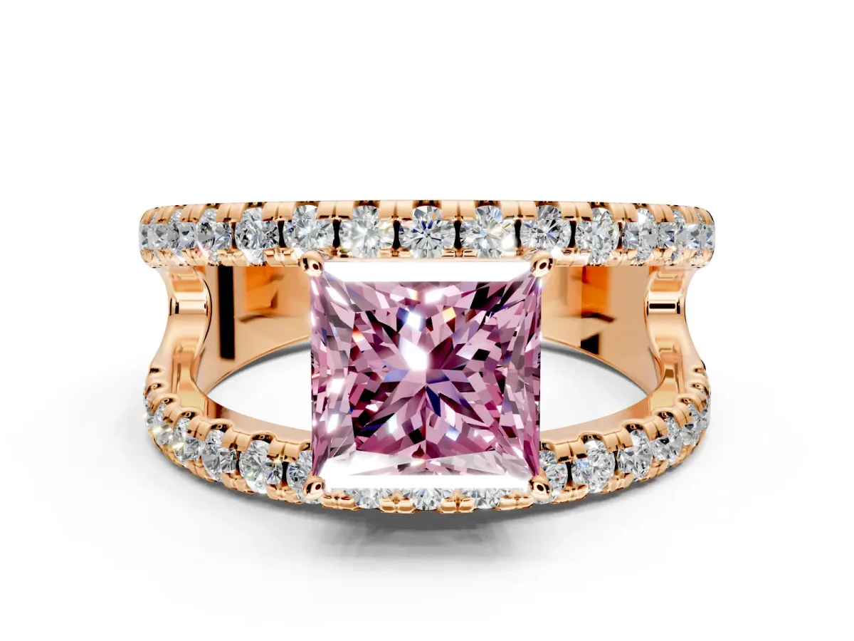 Solitaire Engagement Ring Setting for Fancy Pink Princess Cut Center with Wide-Open Split Shank and Prong Head in Rose Gold