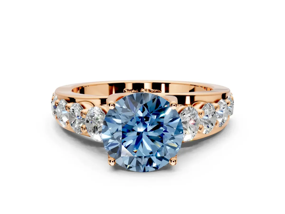 Solitaire Engagement Ring Setting for Fancy Blue Round Cut Center with Graduated Shared Prongs and Prong Head in Rose Gold