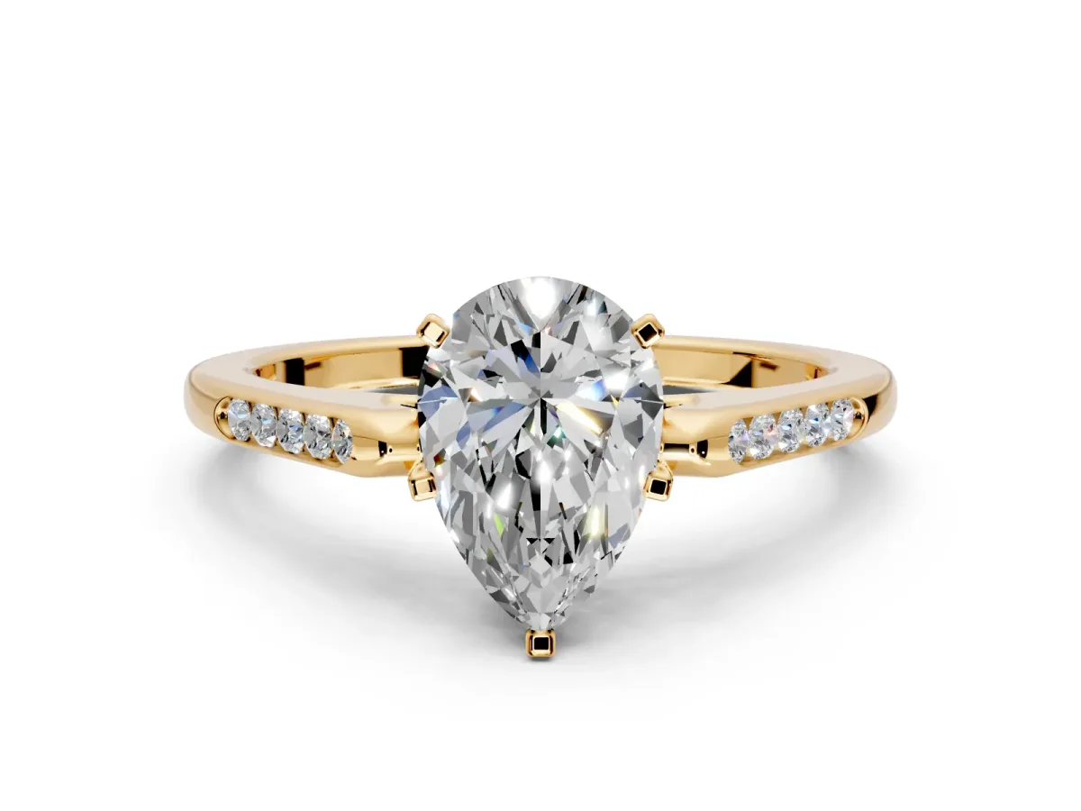 Solitaire Engagement Ring Setting for Pear-Shaped Center with Channel Accents and Prong Head in Yellow Gold