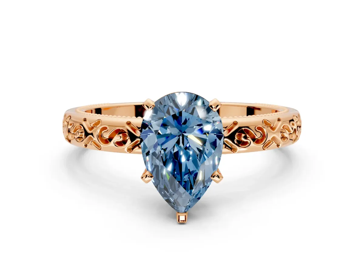 Solitaire Engagement Ring Setting for Fancy Blue Pear-Shaped Center with Scrollwork Band and Prong Head in Rose Gold