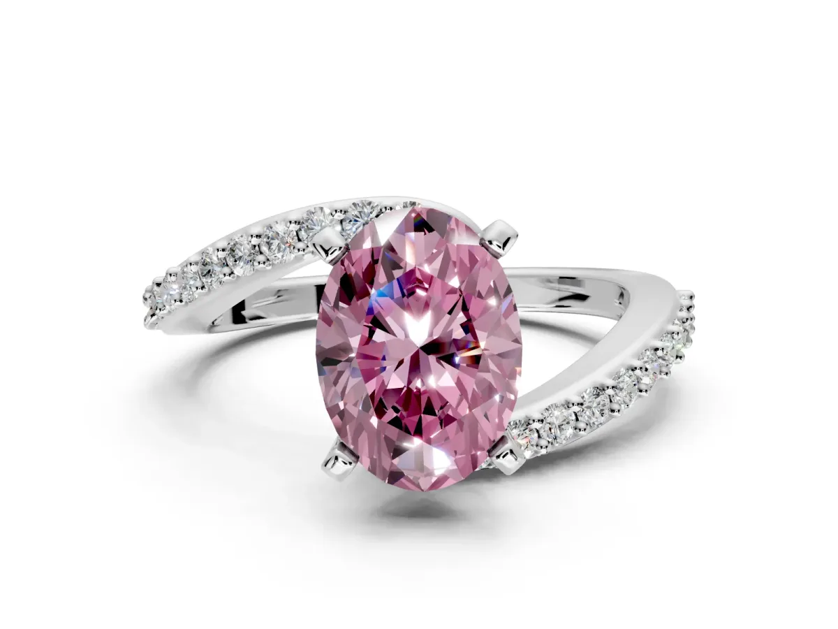 Solitaire Engagement Ring Setting for Fancy Pink Oval Center with Pave Bypass Swirl Band and Prong Head in Platinum