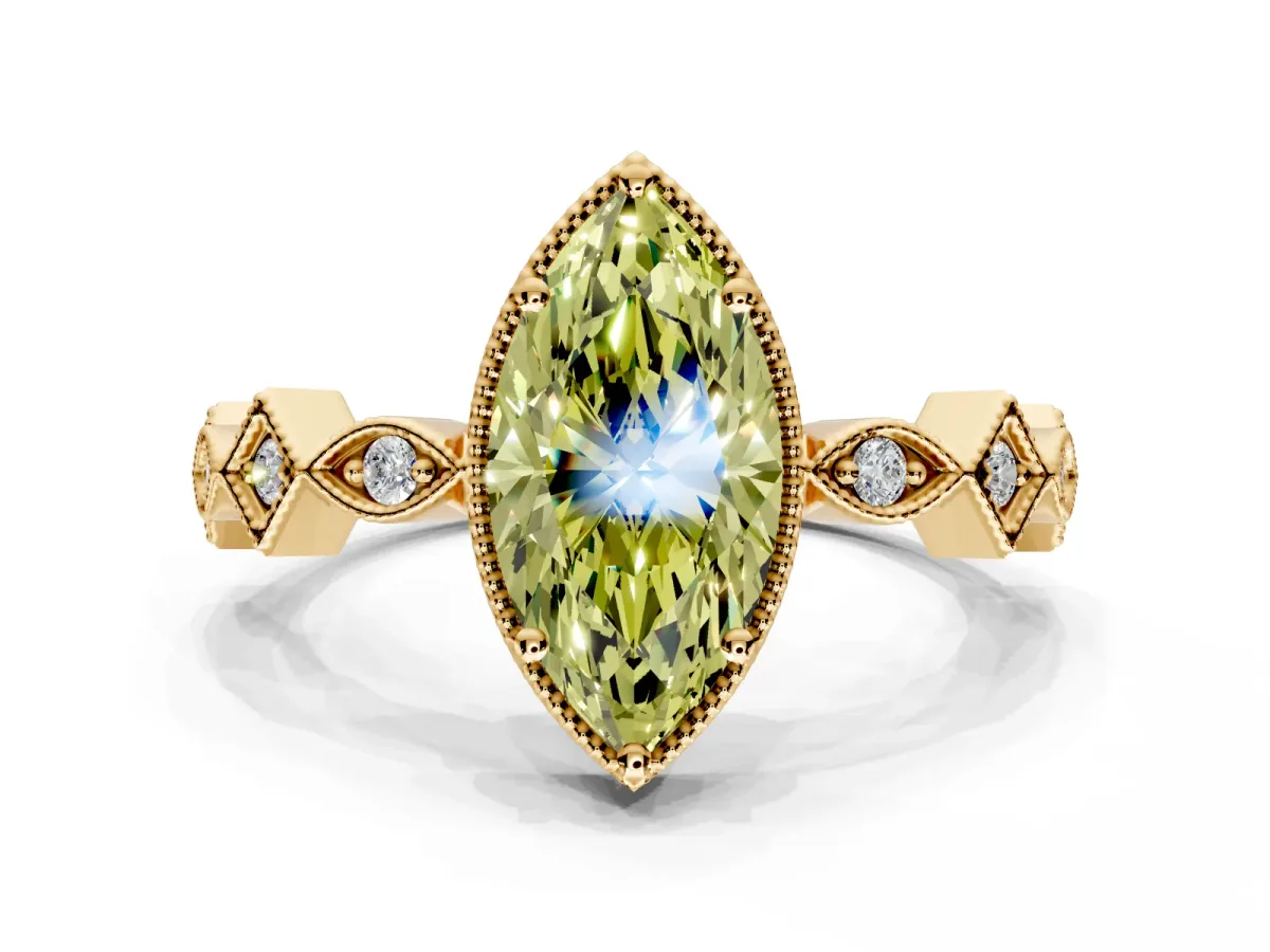 Milgrain Bezel Engagement Ring Setting for Fancy Yellow Marquise Center with Marquise Stations and Bezel Head in Yellow Gold