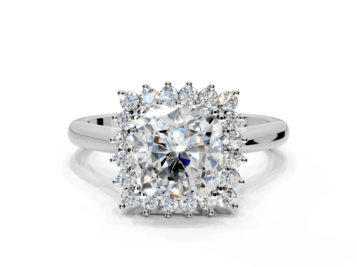 Starburst Halo Engagement Ring Setting for Cushion Cut Center with Thin Round-Wire Band and Prong Head in Platinum