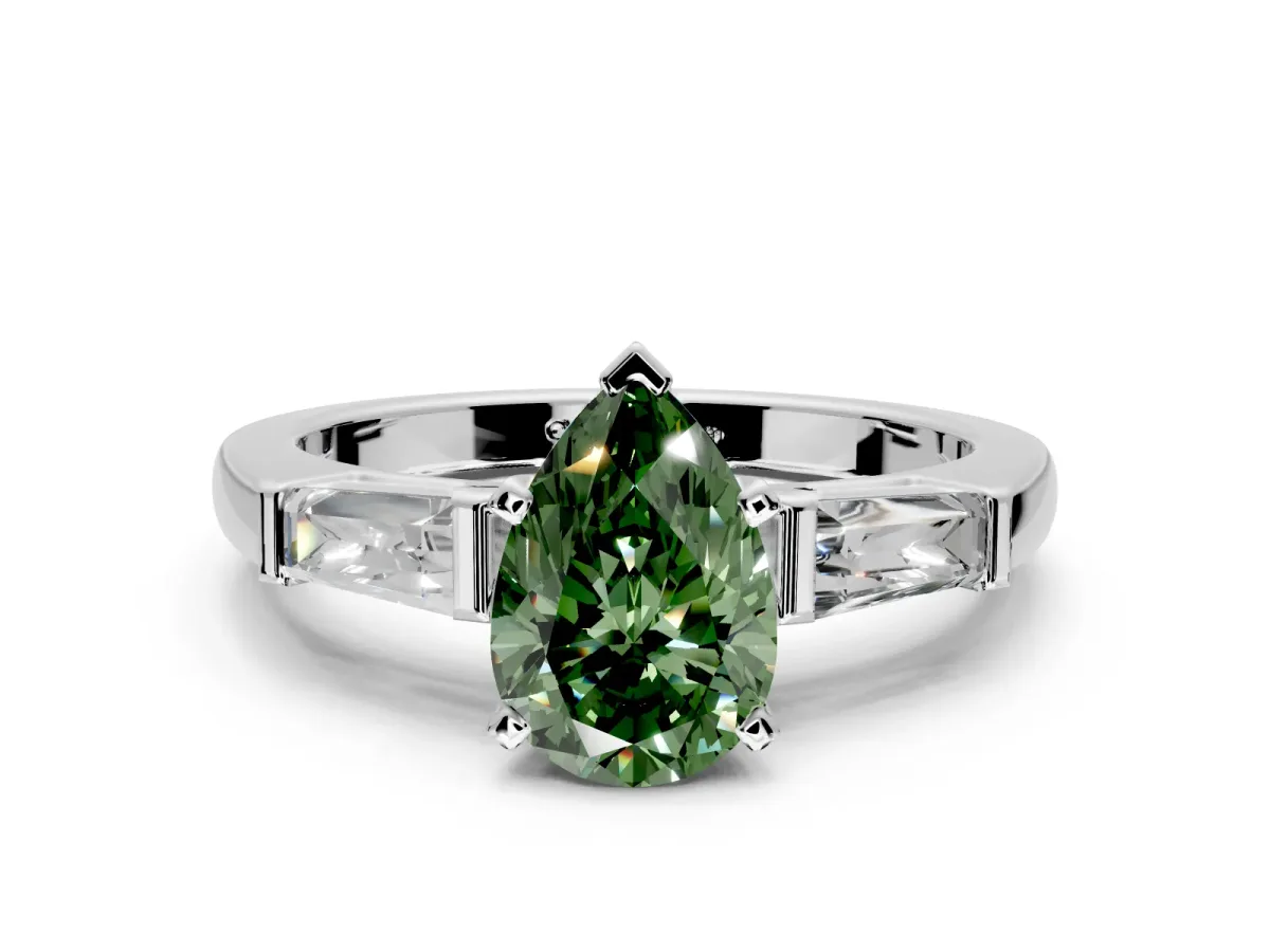 3 Stone Engagement Ring Setting for Fancy Green Pear-Shaped Center with Tapered Baguettes, Plain Band and Prong Head in Platinum
