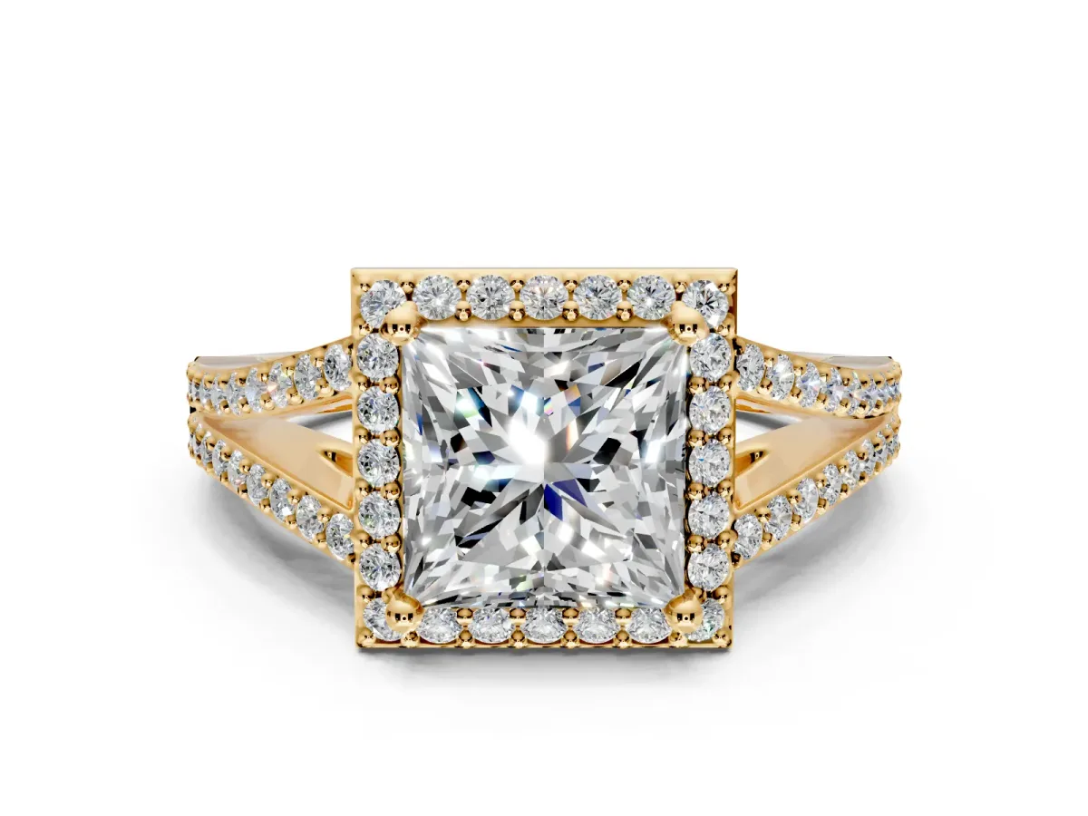 Halo Engagement Ring Setting for Princess Cut Center with Pave Split Shank and Prong Head in Yellow Gold