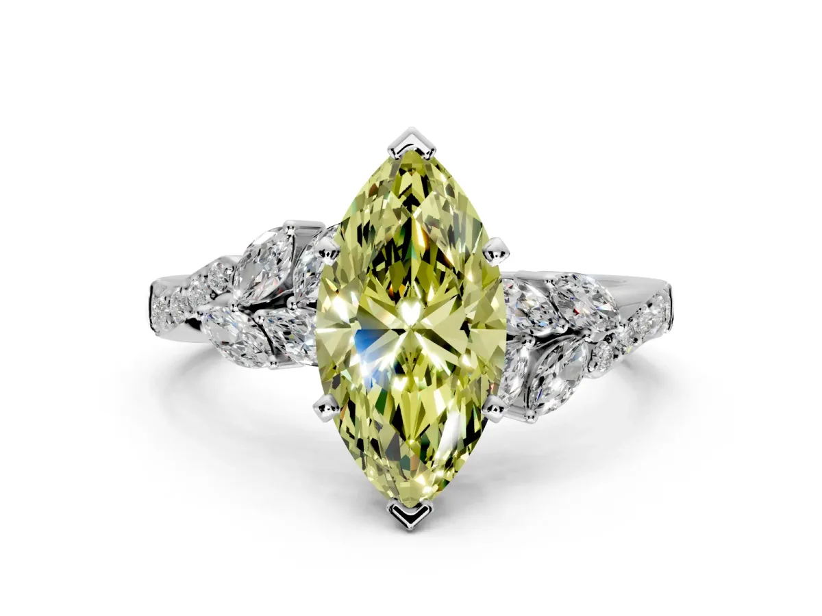 Solitaire Engagement Ring Setting for Fancy Yellow Marquise Center with Marquise Accent Twist Band and Prong Head in White Gold