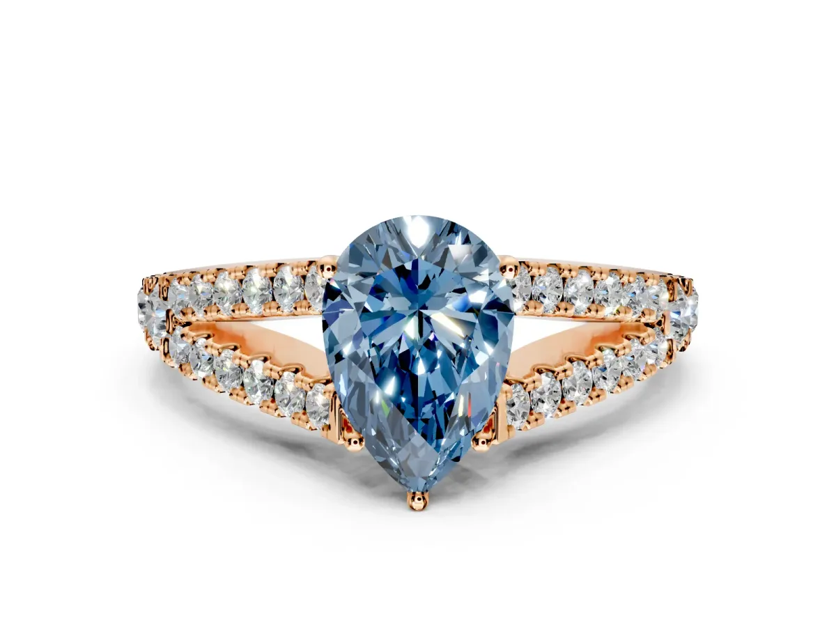 Solitaire Engagement Ring Setting for Fancy Blue Pear-Shaped Center with Pave Split Shank and Prong Head in Rose Gold