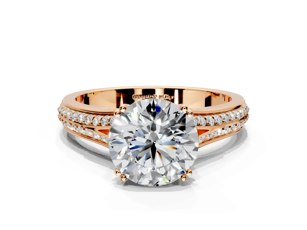 Solitaire Engagement Ring Setting for Round Cut Center with Pave Rail Split Shank and Prong Head in Rose Gold
