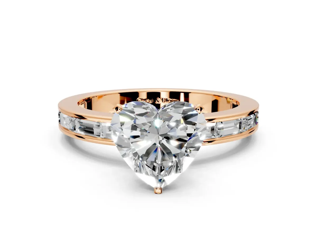 Solitaire Engagement Ring Setting for Heart-Shaped Center with Channel Baguette Band and Prong Head in Rose Gold
