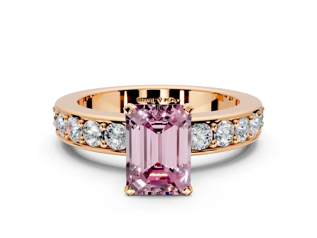 Solitaire Engagement Ring Setting for Fancy Pink Emerald Cut Center with Channel-Set Accents and Prong Head in Rose Gold