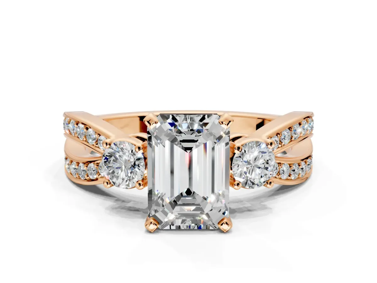 3 Stone Engagement Ring Setting for Emerald Cut Center with Pave Twist Band and Prong Head in Rose Gold