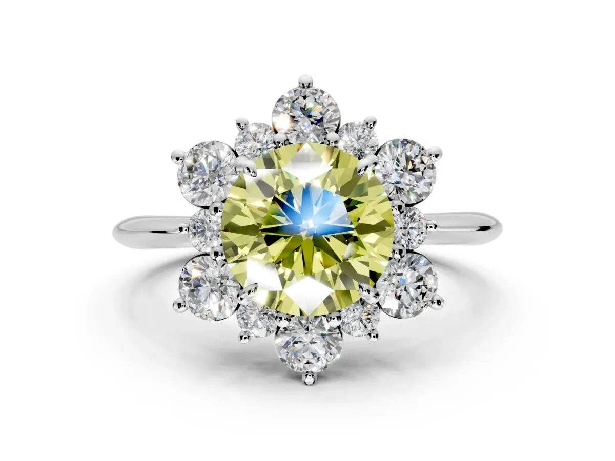 Small-Accent Cluster Halo Engagement Ring Setting for Fancy Yellow Round Cut Center with Plain Band and Prong Head in Sterling Silver