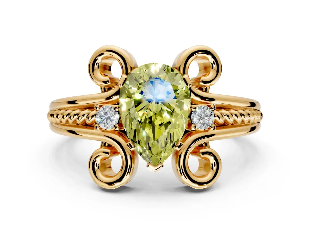 Solitaire Engagement Ring Setting for Fancy Yellow Pear-Shaped Center with Twisted Band and Scroll Prong Head in Yellow Gold