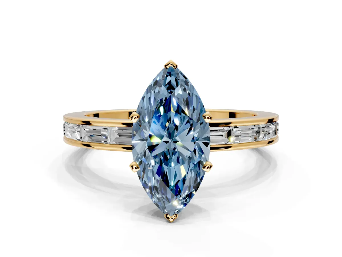 Solitaire Engagement Ring Setting for Fancy Blue Marquise Center with Channel Baguette Band and Prong Head in Yellow Gold