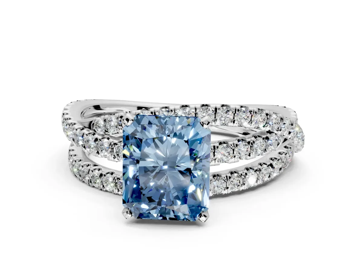 Solitaire Engagement Ring Setting for Fancy Blue Radiant Cut Center with Woven 3-Strand Pave Band and Prong Head in Platinum