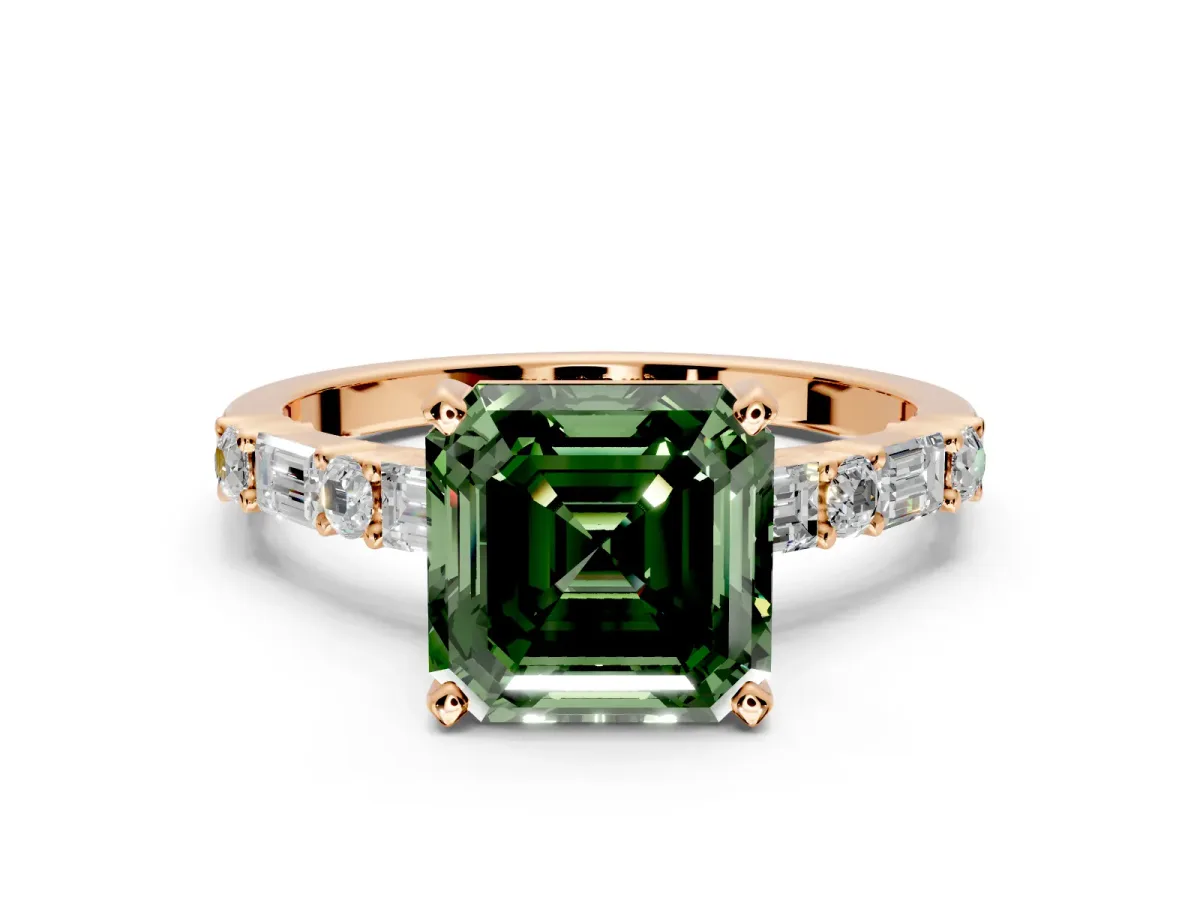 Baguette Engagement Ring Setting for Fancy Green Asscher Cut Center with Alternating Bar-Set Band and Prong Head in Rose Gold