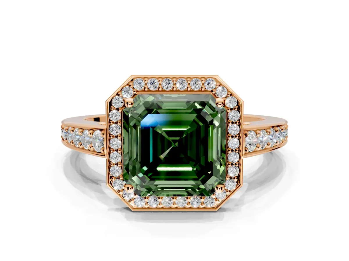 Bezel-Framed Halo Engagement Ring Setting for Fancy Green Asscher Cut Center with Pave Band and Prong Head in Rose Gold