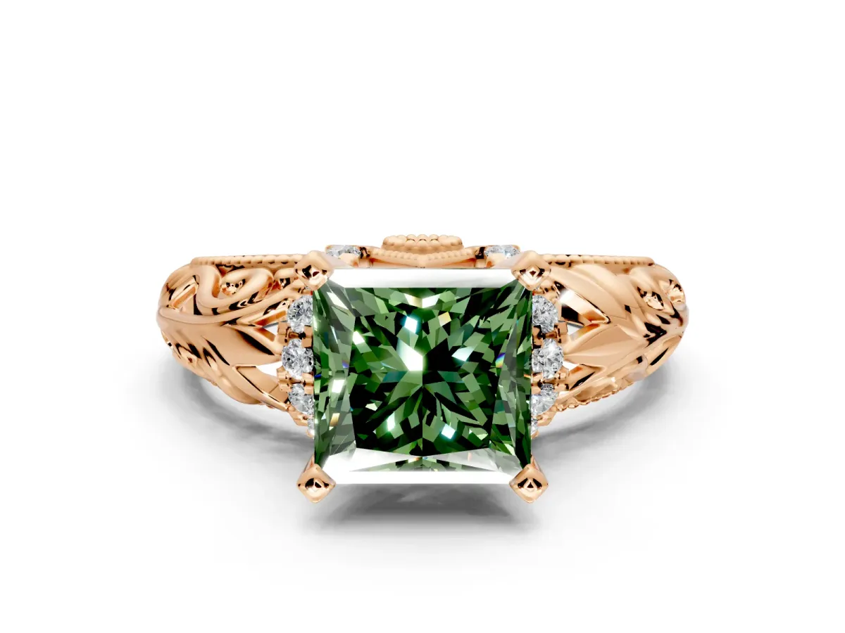 Solitaire Engagement Ring Setting for Fancy Green Princess Cut Center with Filigree Accent Basket and Prong Head in Rose Gold