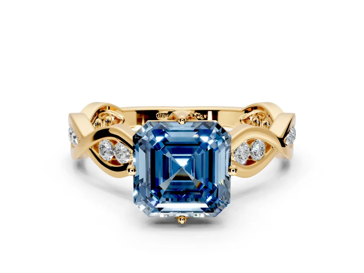 Solitaire Engagement Ring Setting for Fancy Blue Asscher Cut Center with Accented Twist Band and Leaf Prong Head in Yellow Gold