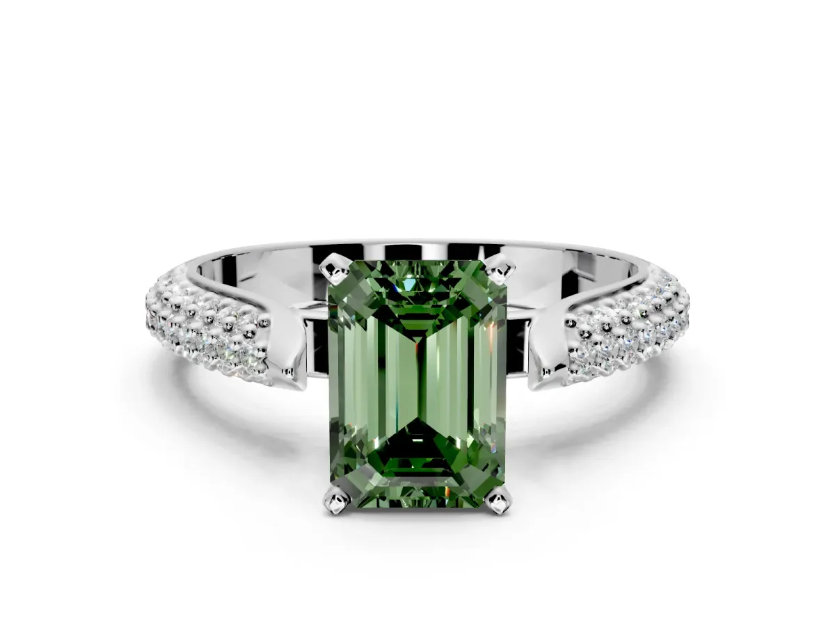 Solitaire Engagement Ring Setting for Fancy Green Emerald Cut Center with Multi-Row Accents and Prong Head in White Gold