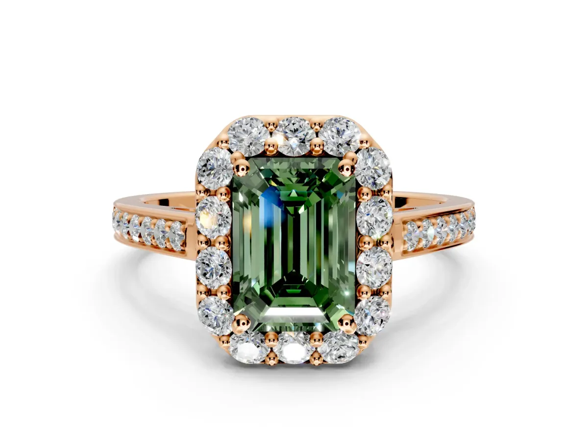 Floral Halo Engagement Ring Setting for Fancy Green Emerald Cut Center with Large Halo Accents and Prong Head in Rose Gold